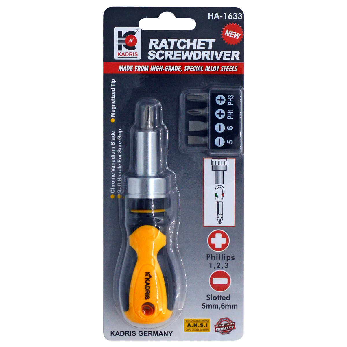 HA-1633 KADRIS RATCHET SCREW DRIVER SET WITH 5PCS BITS